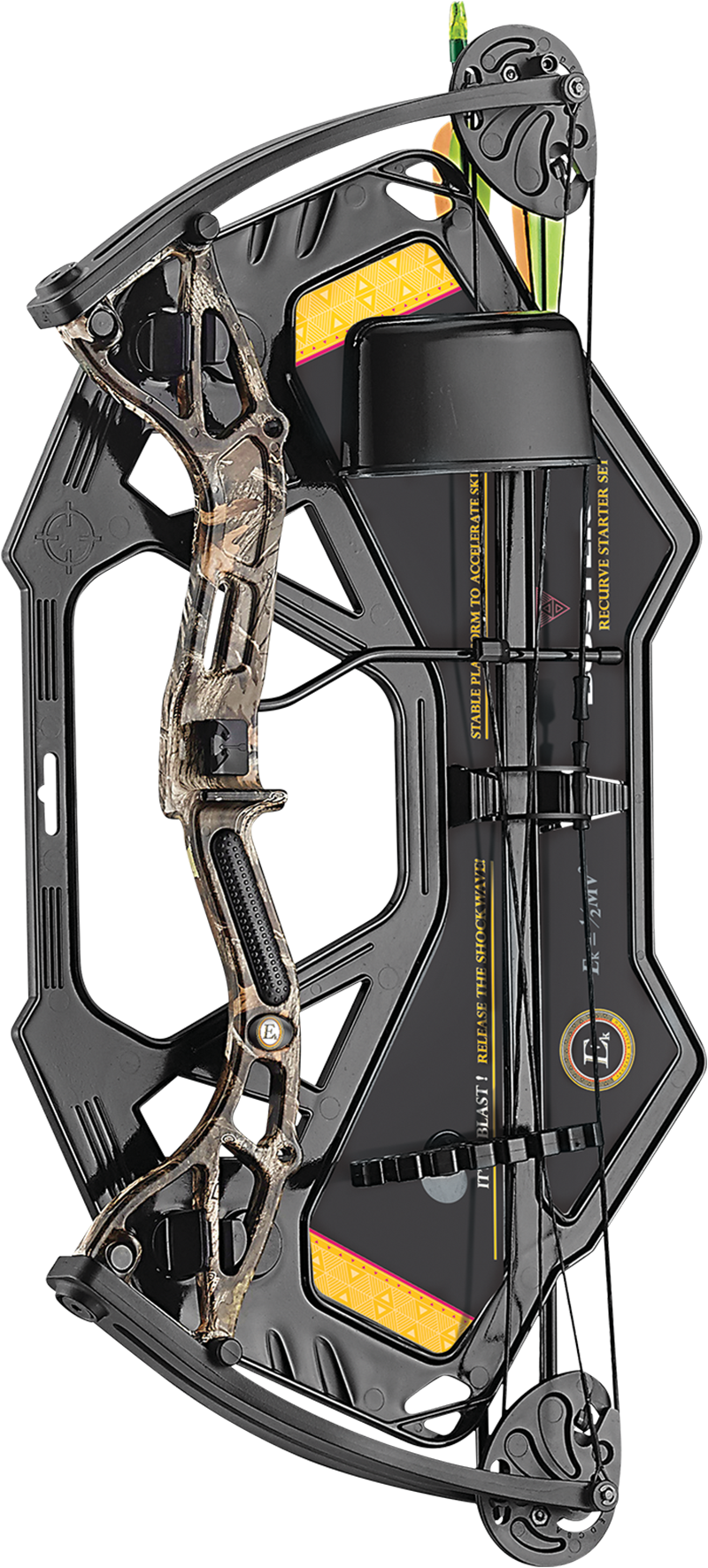 EK Archery Buster Camo Compound SET 15-29lbs, Horn rubber rest, 1-pin brass sight, 4-arrow quiver, finger rollers, armguard, 2x 26" fibre arrows (D-047-B3)