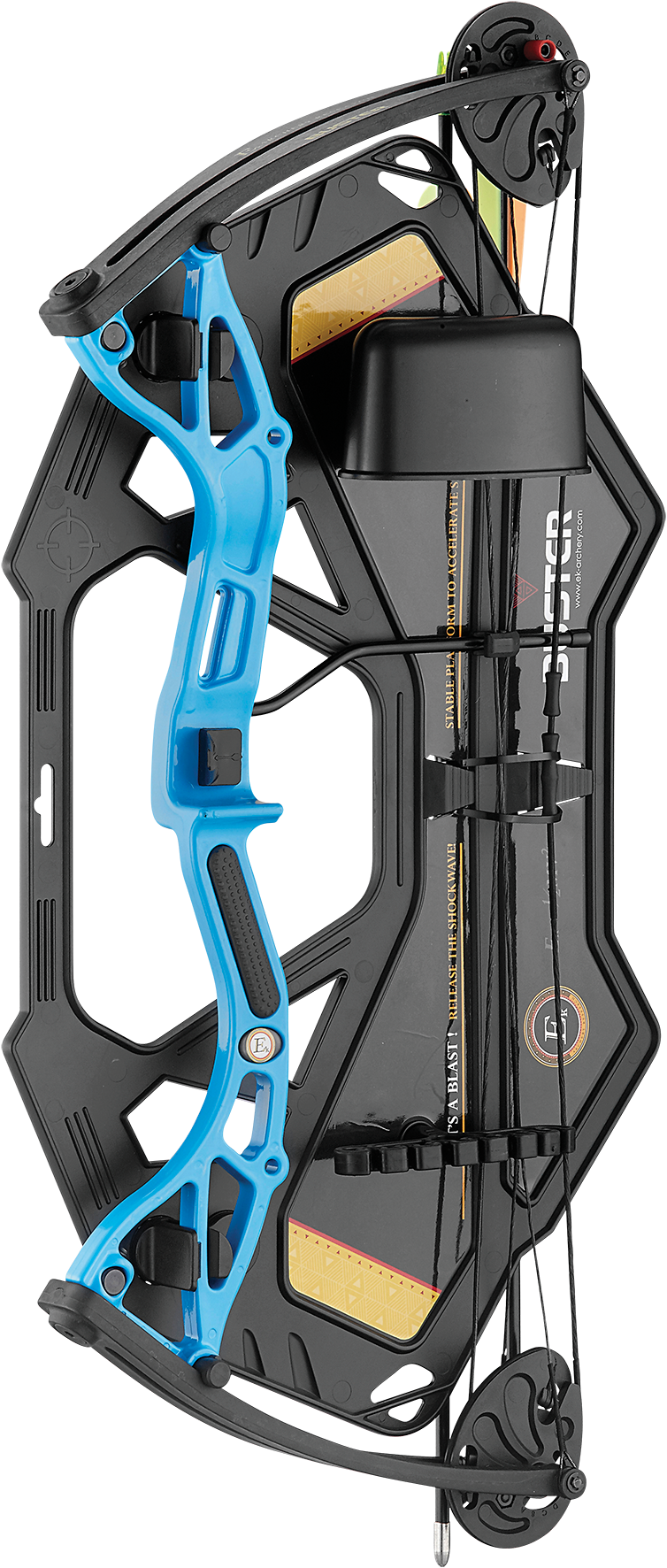 EK Archery Buster Blue Compound SET 15-29lbs, Horn rubber rest, 1-pin brass sight, 4-arrow quiver, finger rollers, armguard, 2x 26" fibre arrows (D-047-B3)