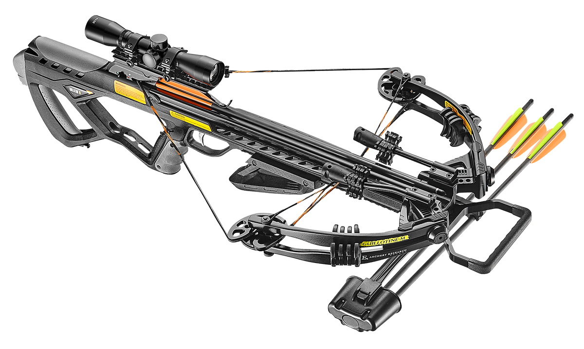 EK Archery Guillotine M Black 185lbs, 4x32 scope, cocking rope, shoulder sling, 3 bolt quiver, 3x20" carbon bolts (D-067B3), string stopper-> (CR-063BP)