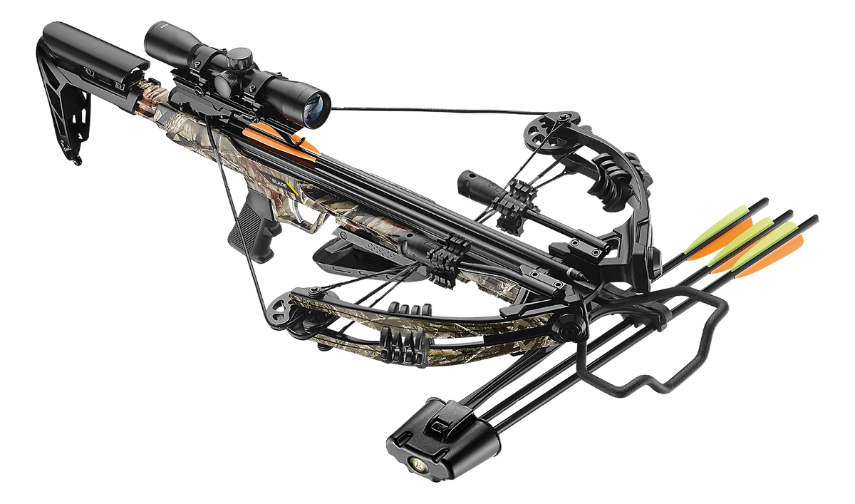 EK Archery Blade + Folium 175lbs, 4x32 scope, cocking rope, shoulder sling, 3 bolt quiver, 3x20" Aluminium bolts (2219), AR fore grip, string stopper