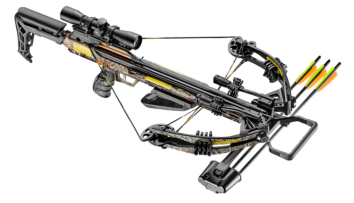 EK Archery Accelerator 370 Folium Camo 185lbs, 4x32 scope, cocking rope, shoulder sling, 3 bolt quiver, 3x20" carbon bolts (D-067B3), AR fore grip, string stopper