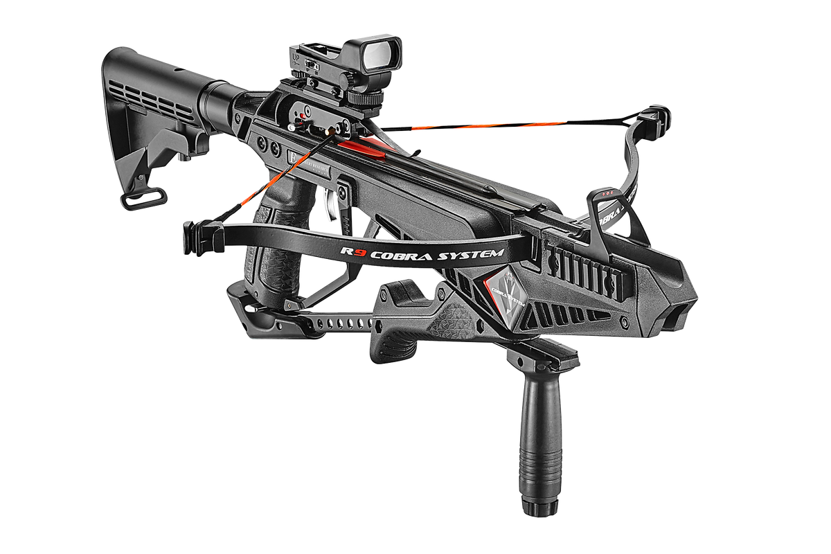 EK Archery R9 Cobra R9 Deluxe 90lbs, 6x 7,5" carbon bolts, stringwax, bril AR-stock, sling, simple Red-Dot &amp; Fore-Grip
